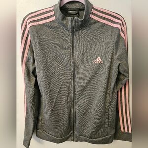 Adidas Women's Track Jacket in Grey With Pink Stripes
